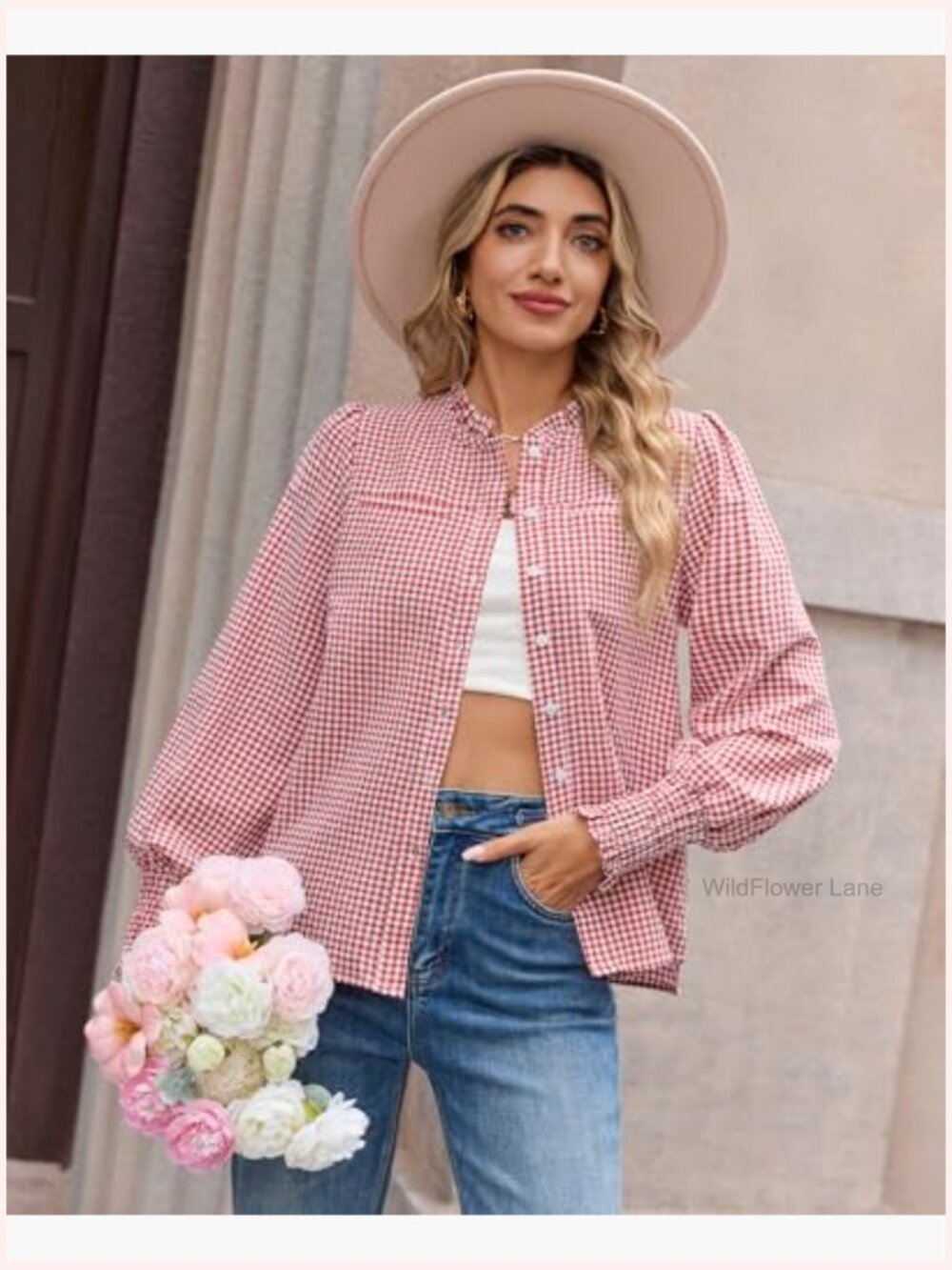 Women's Plaid Button Down Shirt Ruffle Neck Long Sleeve Blouse with Chest - Picture 2 of 7